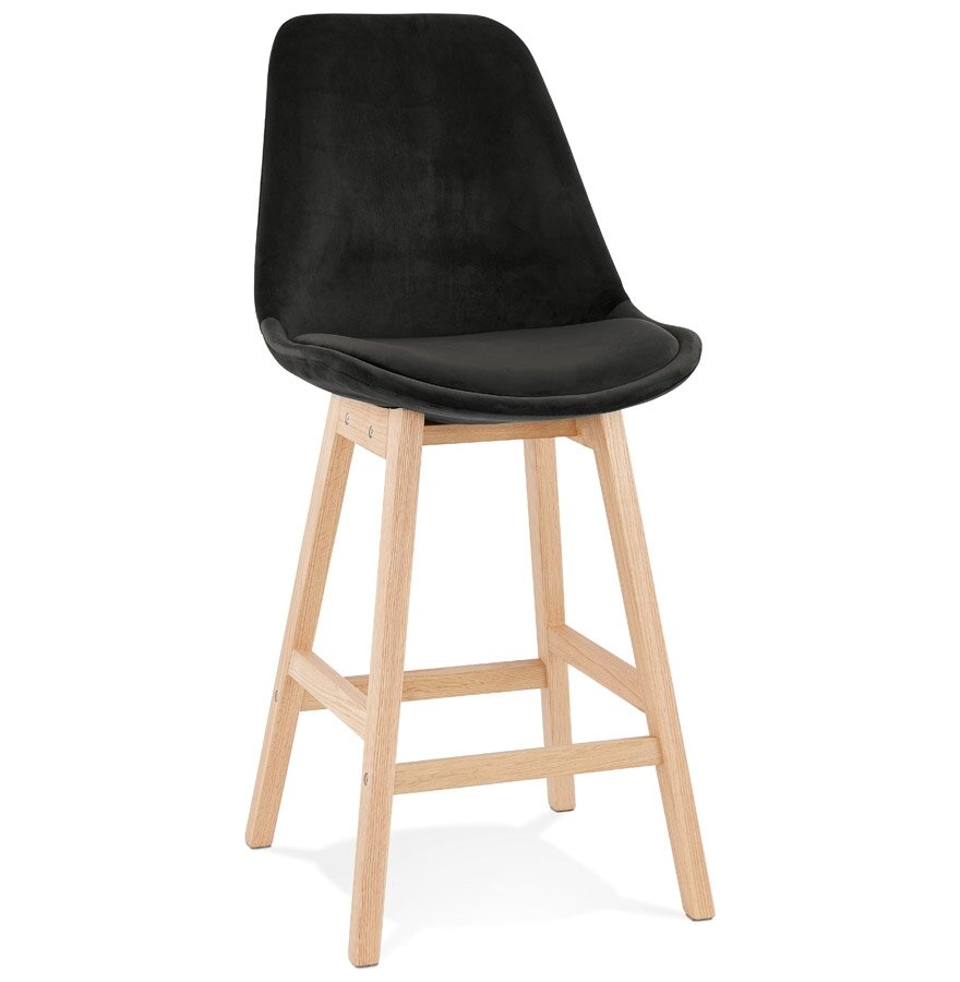 Halfhoge kruk &#039;MORISS MINI&#039; in fluweel zwart met poten in natuurlijk hout