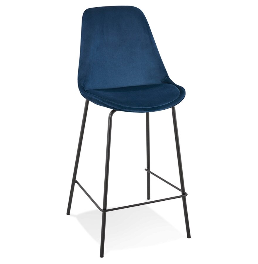 Halfhoge barkruk &#039;SPARK MINI&#039; van blauw velours met zwarte metalen poten