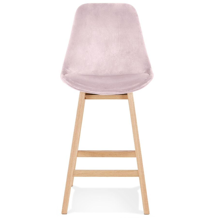 Halfhoge kruk &#039;MORISS MINI&#039; in roze fluweel met poten in natuurlijk hout