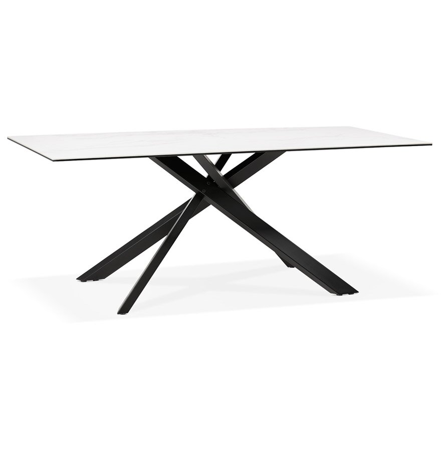 Eettafel &#039;MARKINA&#039; in witte keramiek met zwarte x-vormige centrale voet - 180 x 90 cm