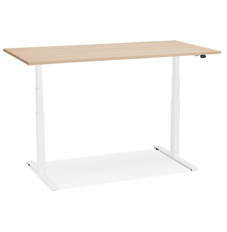 Witte elektrische zit/sta-bureau &#039;TRONIK&#039; met blad in natuurlijke houtafwerking - 140x70 cm