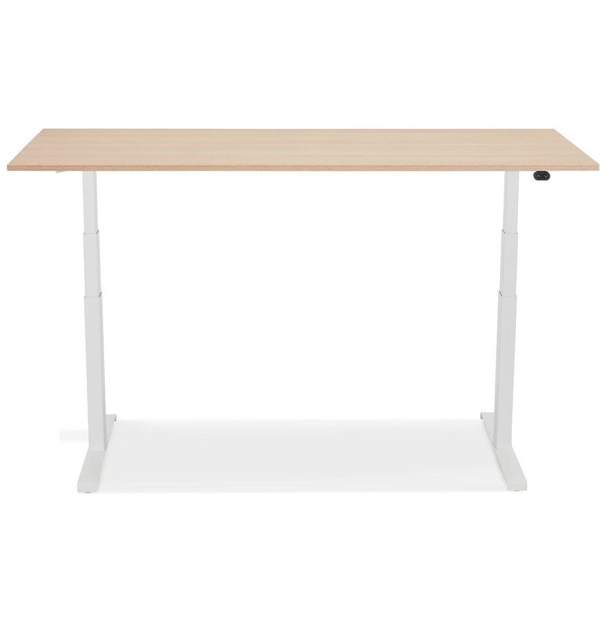 Witte elektrisch verstelbare bureau &#039;TRONIK&#039; met blad in natuurlijke houtafwerking - 160x80 cm