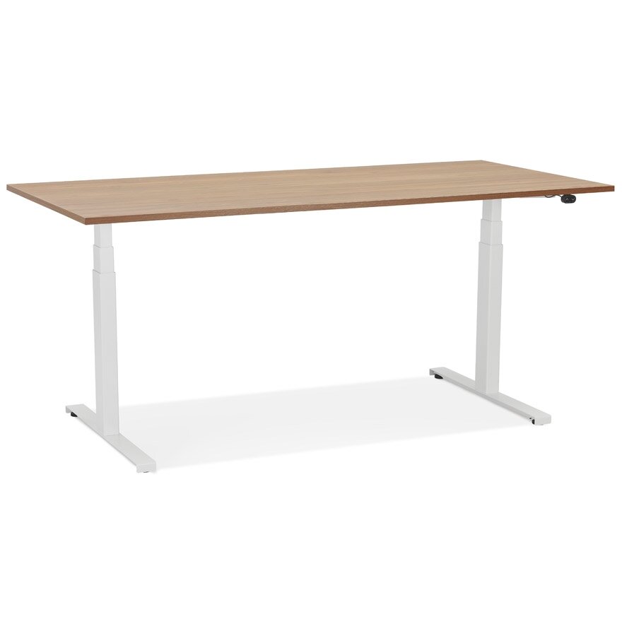 Witte elektrisch verstelbare bureau &#039;TRONIK&#039; met blad in notenhouten afwerking - 160x80 cm