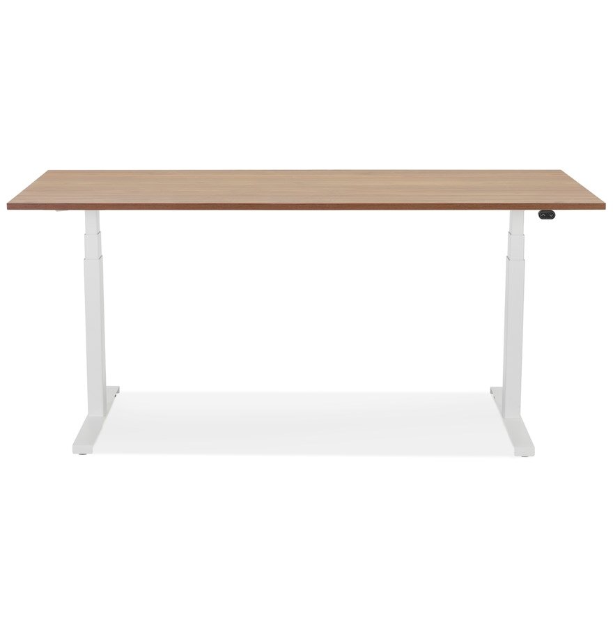 Witte elektrisch verstelbare bureau &#039;TRONIK&#039; met blad in notenhouten afwerking - 160x80 cm