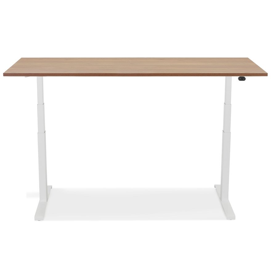 Witte elektrisch verstelbare bureau &#039;TRONIK&#039; met blad in notenhouten afwerking - 160x80 cm