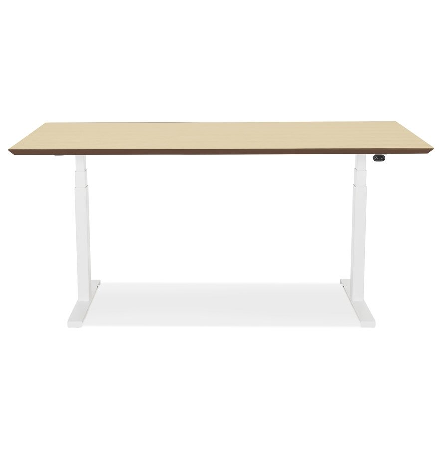 Witte elektrische zit/sta-bureau &#039;BIONIK&#039; met blad in natuurlijke houtafwerking - 150x70 cm