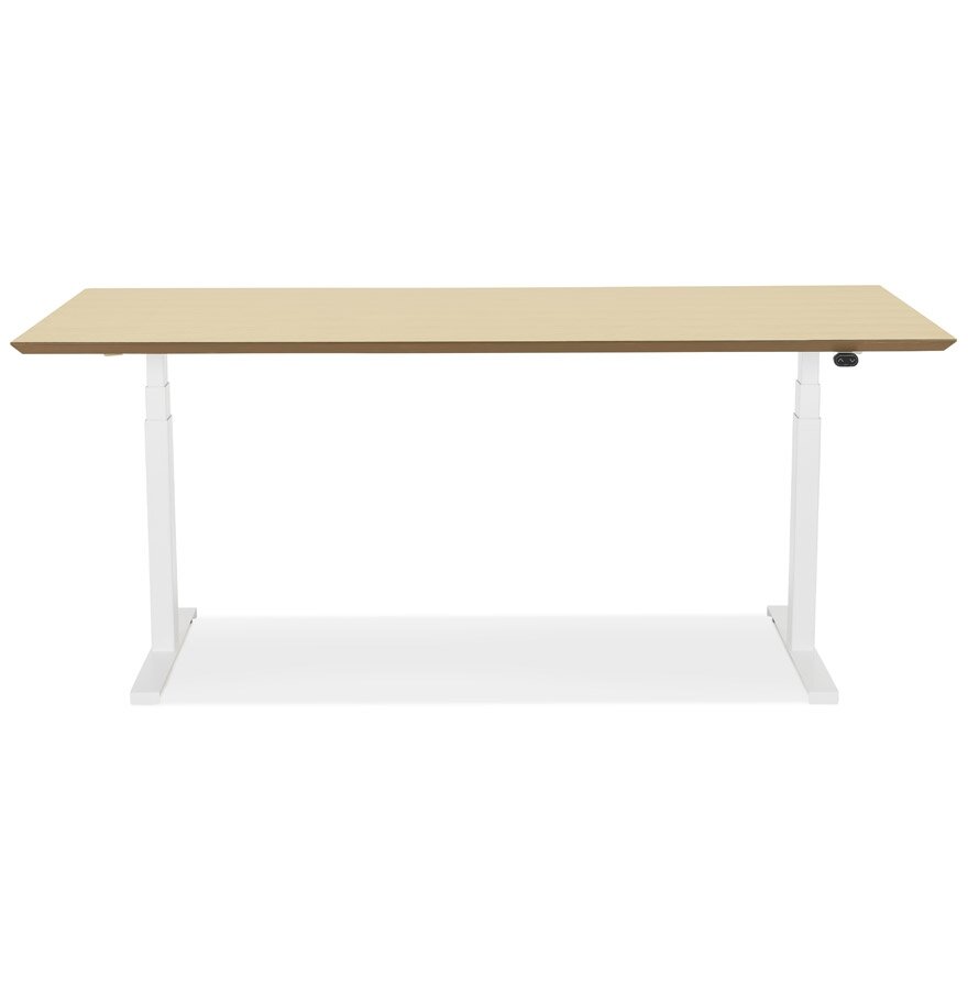 Witte elektrische zit/sta-bureau &#039;BIONIK&#039; met blad in natuurlijke houtafwerking - 180x90 cm