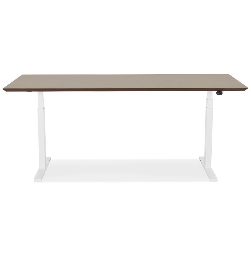 Witte elektrische zit/sta-bureau &#039;BIONIK&#039; met blad in notenhouten afwerking - 180x90 cm