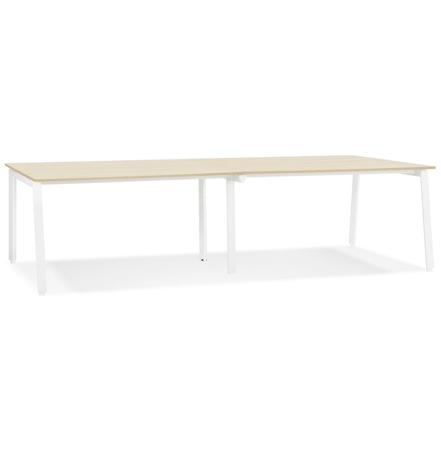 Dubbele rechte design bureau &#039;AMADEUS&#039; van natuurlijk afgewerkt hout en wit metaal - 280x140 cm