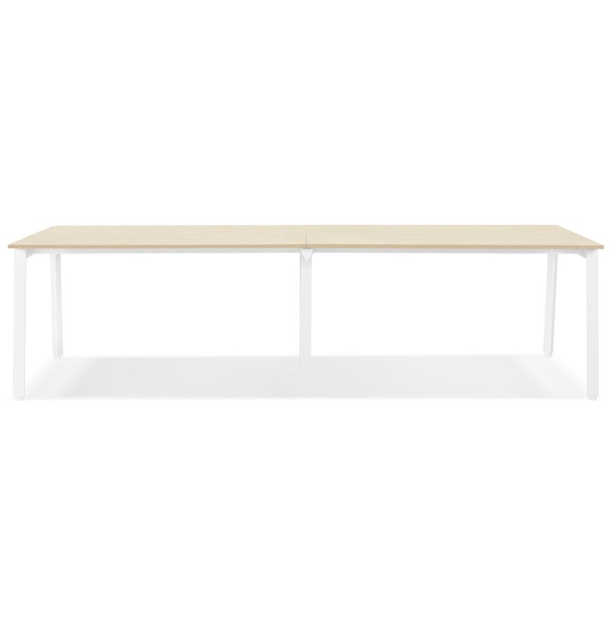 Dubbele rechte design bureau &#039;AMADEUS&#039; van natuurlijk afgewerkt hout en wit metaal - 280x140 cm