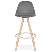 Halfhoge barkruk &#039;SPIRIT MINI&#039; in grijs fluweel en poten in hout met natuurlijke afwerking
