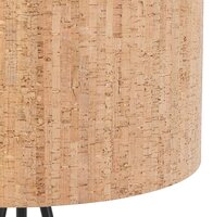 Driepoot vloerlamp &#039;ANTONIO&#039; met kurken lampenkap en 3 zwarte metalen poten