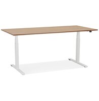 Witte elektrisch verstelbare bureau &#039;TRONIK&#039; met blad in notenhouten afwerking - 160x80 cm