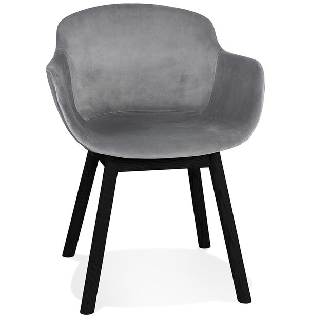 Grijze fluwelen stoel &#039;FRIDA&#039; met armleuningen en poten van zwart hout